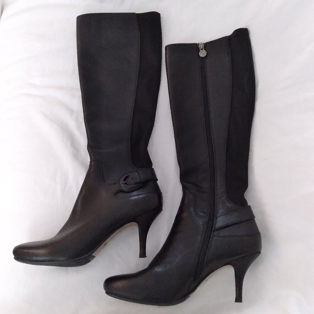 SoleMani "Rochelle" Black Tall Leather Boots, Size 7.5M